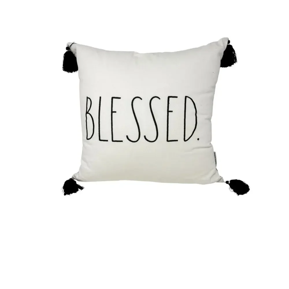 Rae Dunn BLESSED Throw Pillow Black White Plaid Tassel Farmhouse Accent Cushion